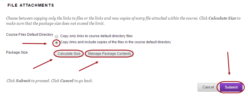 Select Course Files Default Directory and Package Size options